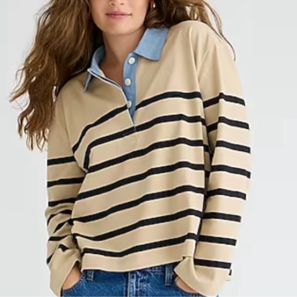 J. Crew Beige Striped Long Sleeve Rugby Shirt with Blue Collar